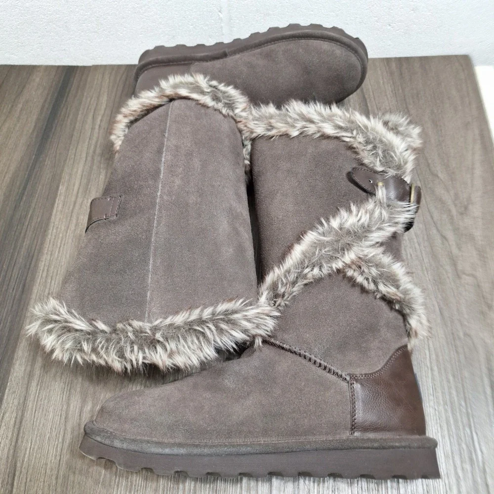 Bearpaw Sheilah Brown Suede Faux Fur Tall Winter Boots Womens 10 2139W